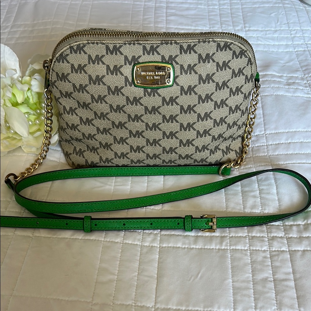 Michael Kors Cream and Green Crossbody Bag with Monogram Print